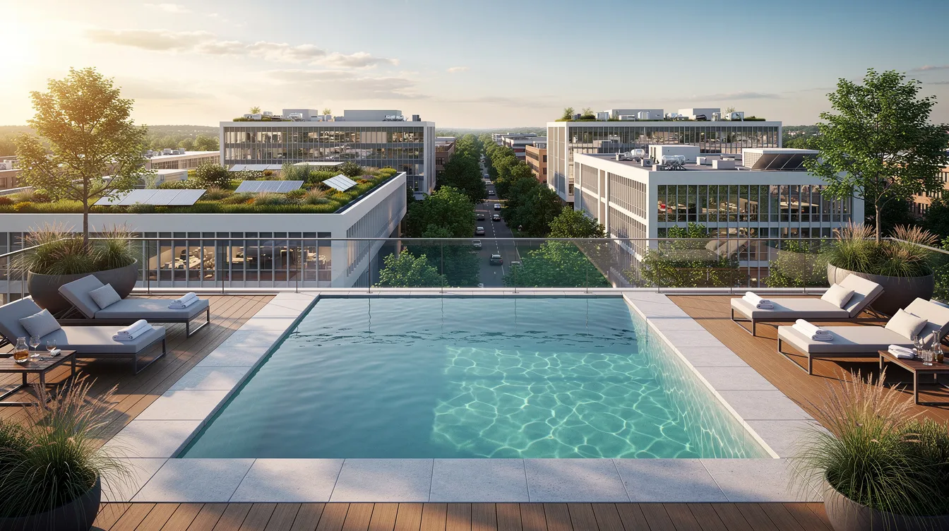 The image shows a serene rooftop pool deck with a stunning view of a green urban landscape, featuring modern research buildings in the background. This setting, part of the lifestyle amenities offered by Hudson Place Residences, highlights the tranquil environment amidst Singapore's One North precinct, ideal for residents seeking urban convenience and a work-live-play lifestyle.